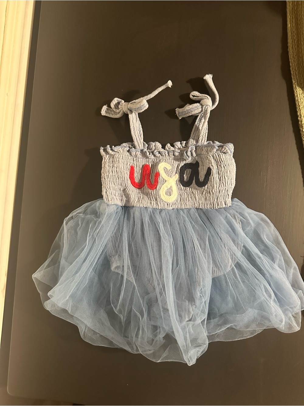 Light Blue Tulle Kids One-Piece Bodysuit with Colorful Script Accent